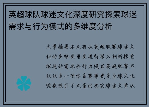 英超球队球迷文化深度研究探索球迷需求与行为模式的多维度分析